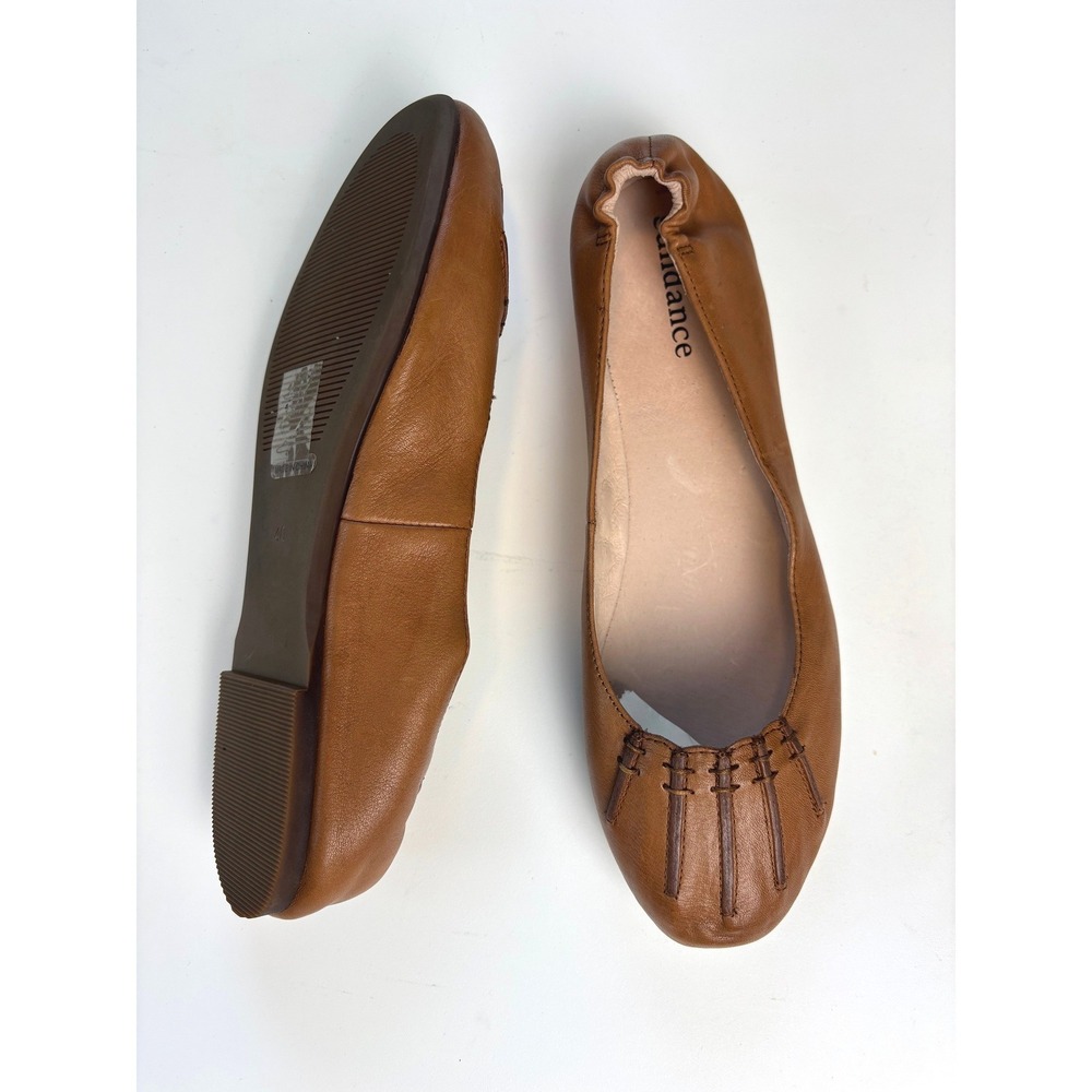 Sundance Leather Ballet Flats Brown Womens 40 Scrunch Back Whipstitch Pleated
